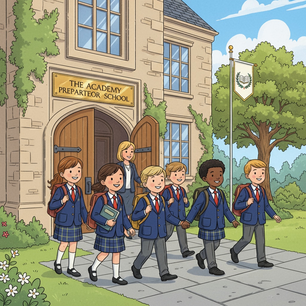 A group of children walking into a private school building, showing the start of their educational journey in a private institution. Children entering a private school, related to private schools, public primary schools, educational choices, and sibling education
