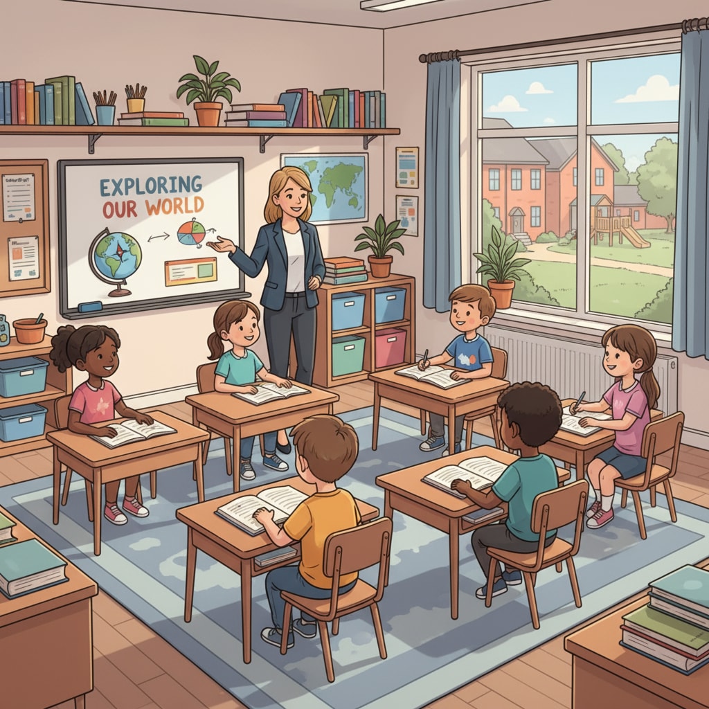 A classroom scene in a private primary school with small class size, highlighting the educational environment in private primary schools. Classroom scene in a private primary school, related to private schools, public primary schools, educational choices, and sibling education