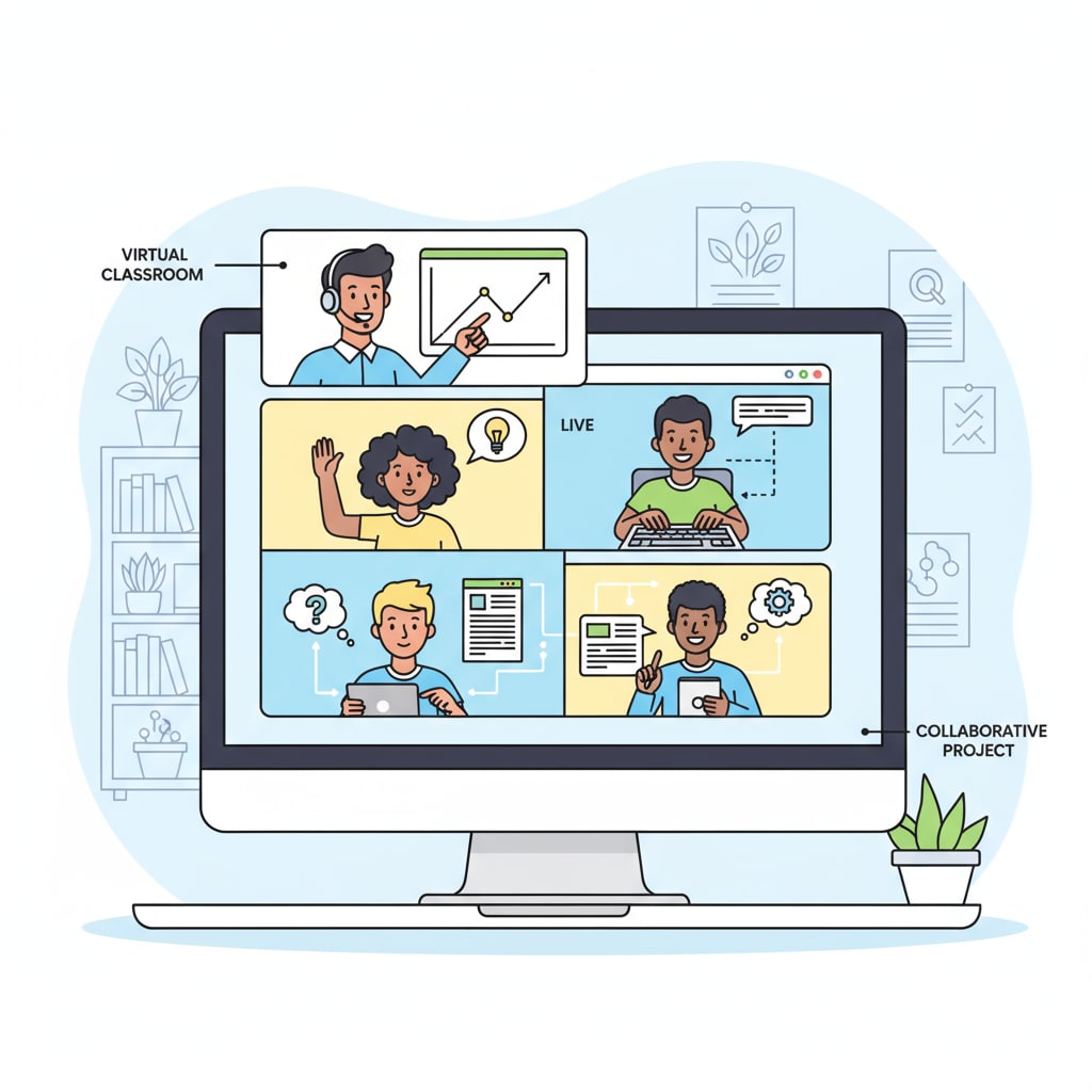 A visual representation of students actively participating in an online high school class, engaging in discussions and learning activities. High school students attending an online education class