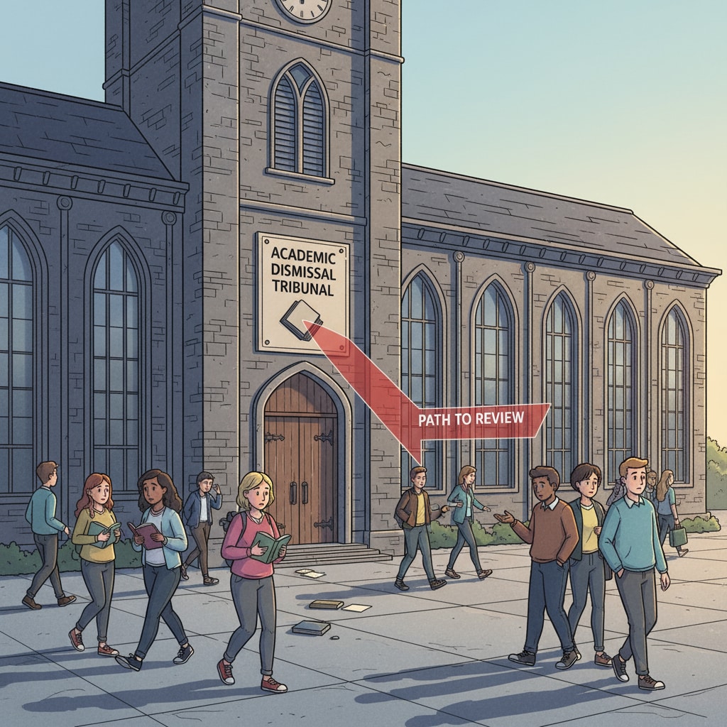A large, imposing campus building with students walking around, representing the educational institution and its connection to the academic dismissal process. Campus building associated with academic dismissal, student failure, and university policies