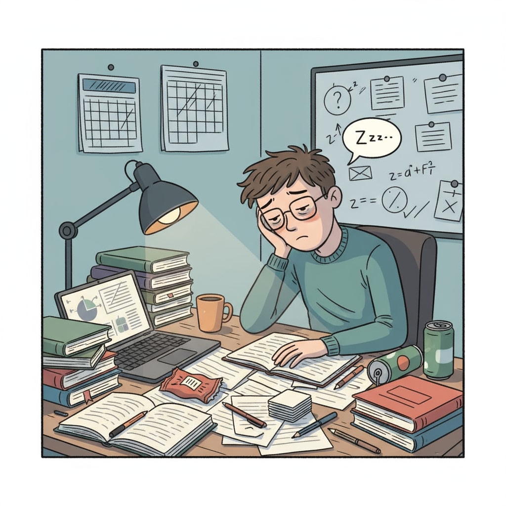 A student is sitting at a messy desk with lots of books and papers scattered around. The student has a weary expression, indicating tiredness from academic work. A tired postgraduate student dealing with a heavy academic workload related to master's thesis