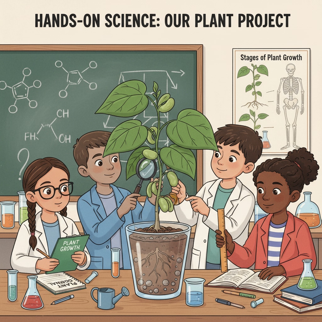 A group of children are looking closely at a potted plant while one of them takes notes during a science experiment. This represents the hands-on nature of children's science projects where they observe and document their findings. Children conducting a plant-related science experiment using scientific methods