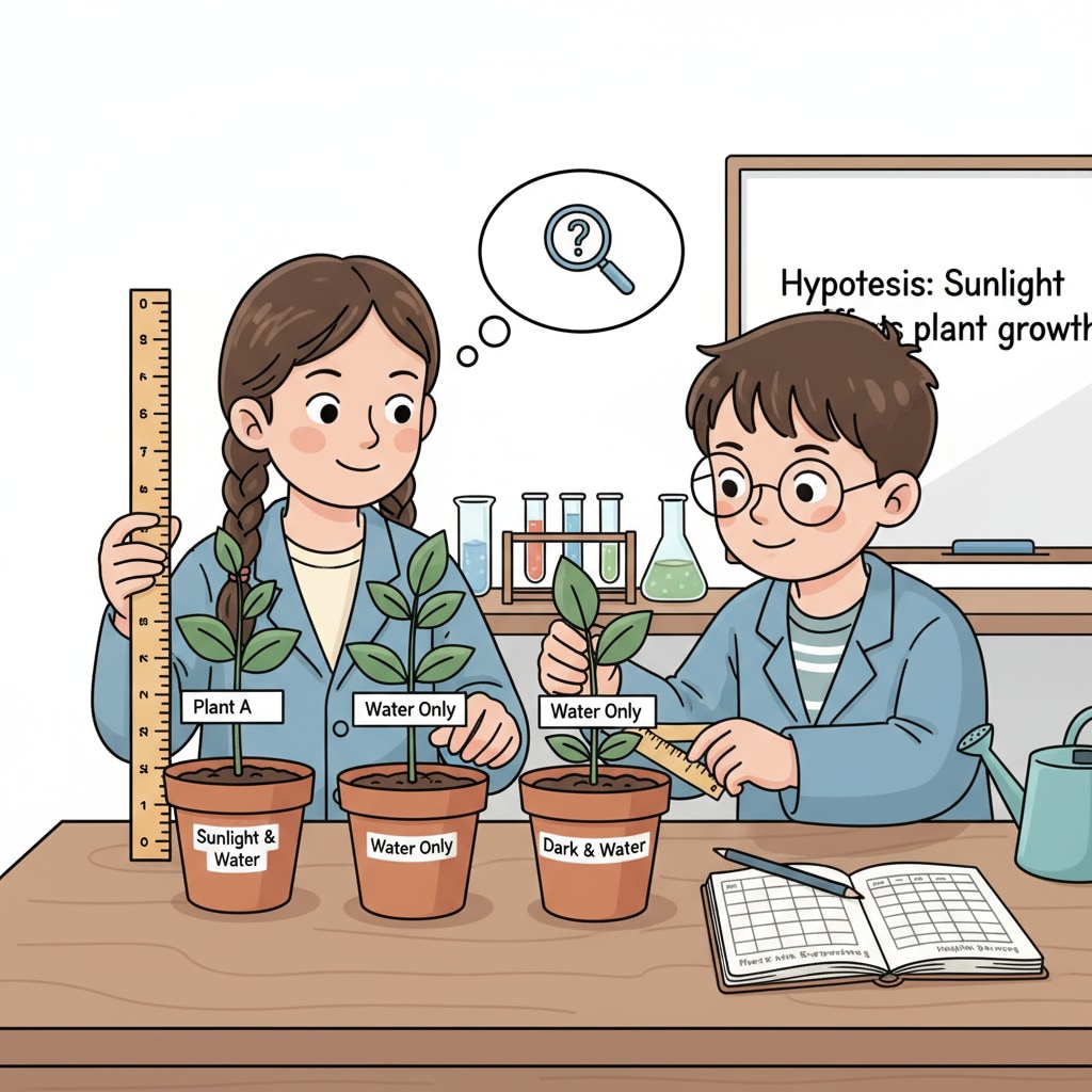 Two children are carefully measuring the height of plants using rulers. They are engaged in a science experiment to test a hypothesis about plant growth. Children measuring plants as part of a science exhibition project experiment