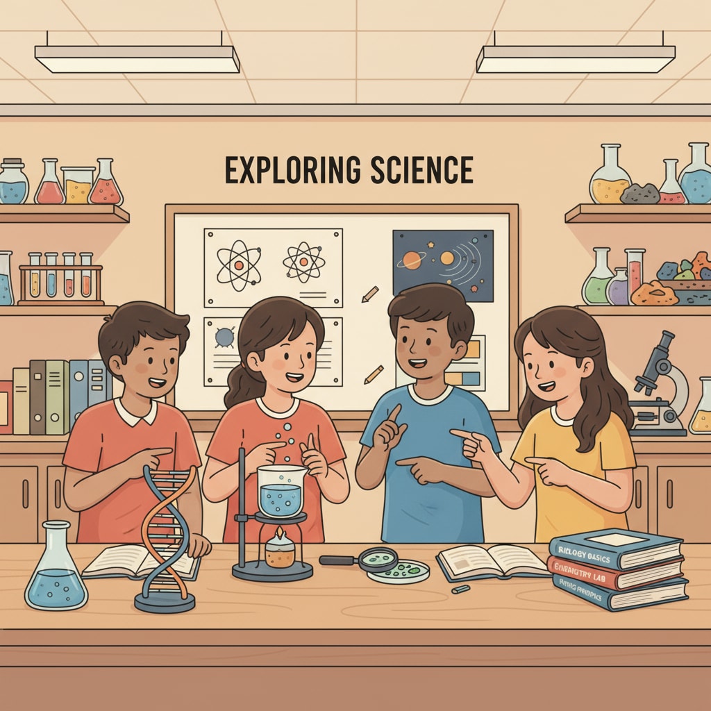 A classroom scene where students are engaged in studying science courses, with textbooks and experiment equipment visible. Students studying science courses in K12 as part of forensic psychology, college pathways, and career planning