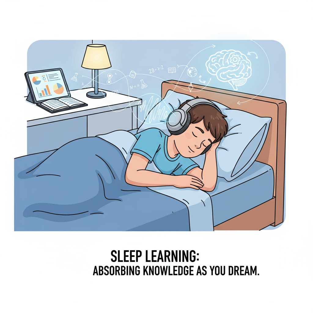 A student is sleeping with headphones on, which gives the impression that they might be listening to educational content during sleep. This is a common representation of the concept of sleep learning. A student sleeping while potentially engaged in sleep learning for better memory effects and language learning