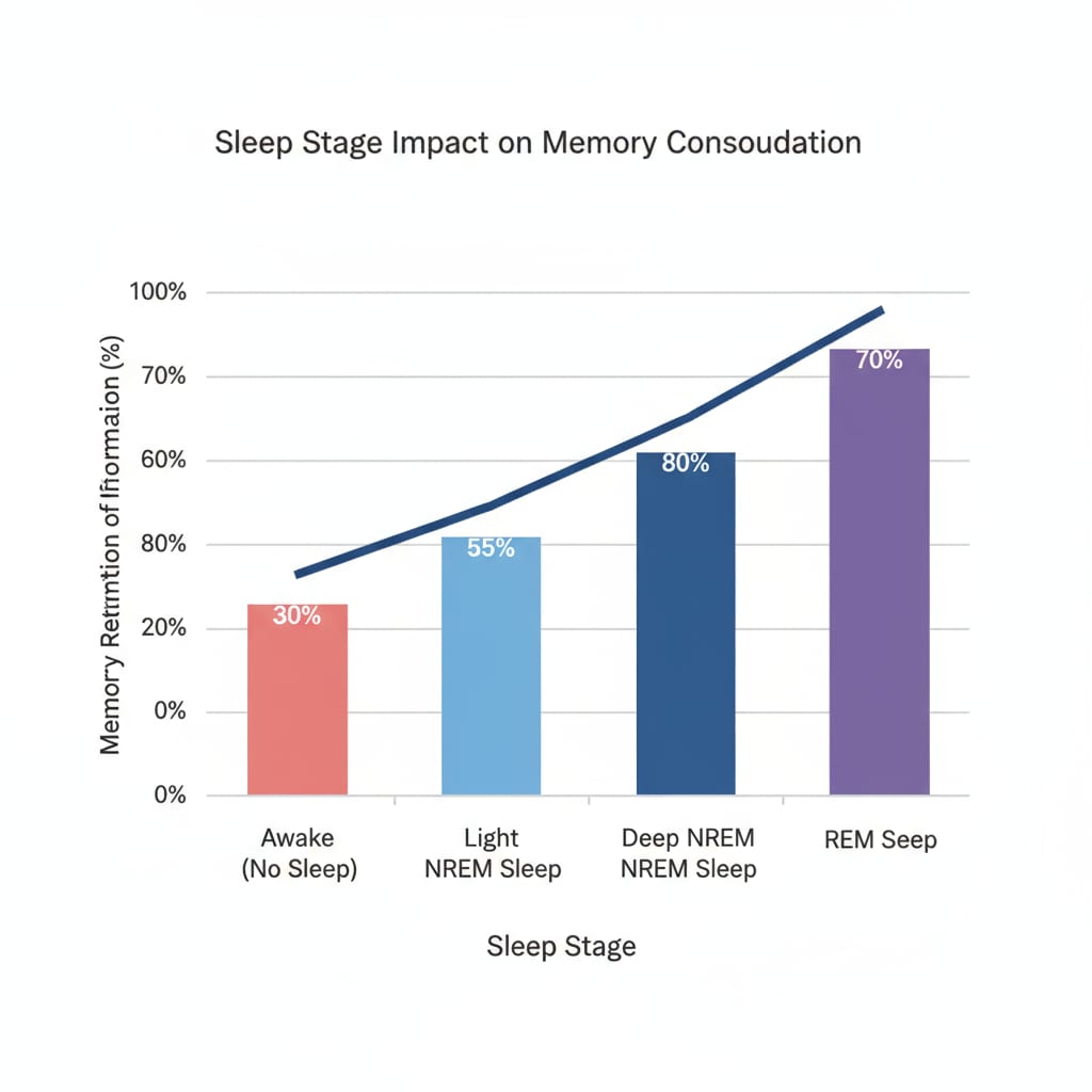 A graph that plots different sleep stages on one axis and the percentage of memory retention of learned information on the other axis. It shows how different sleep stages may impact the memory effects related to sleep learning. Graph showing the relationship between sleep stages and memory retention relevant to sleep learning for language and other knowledge