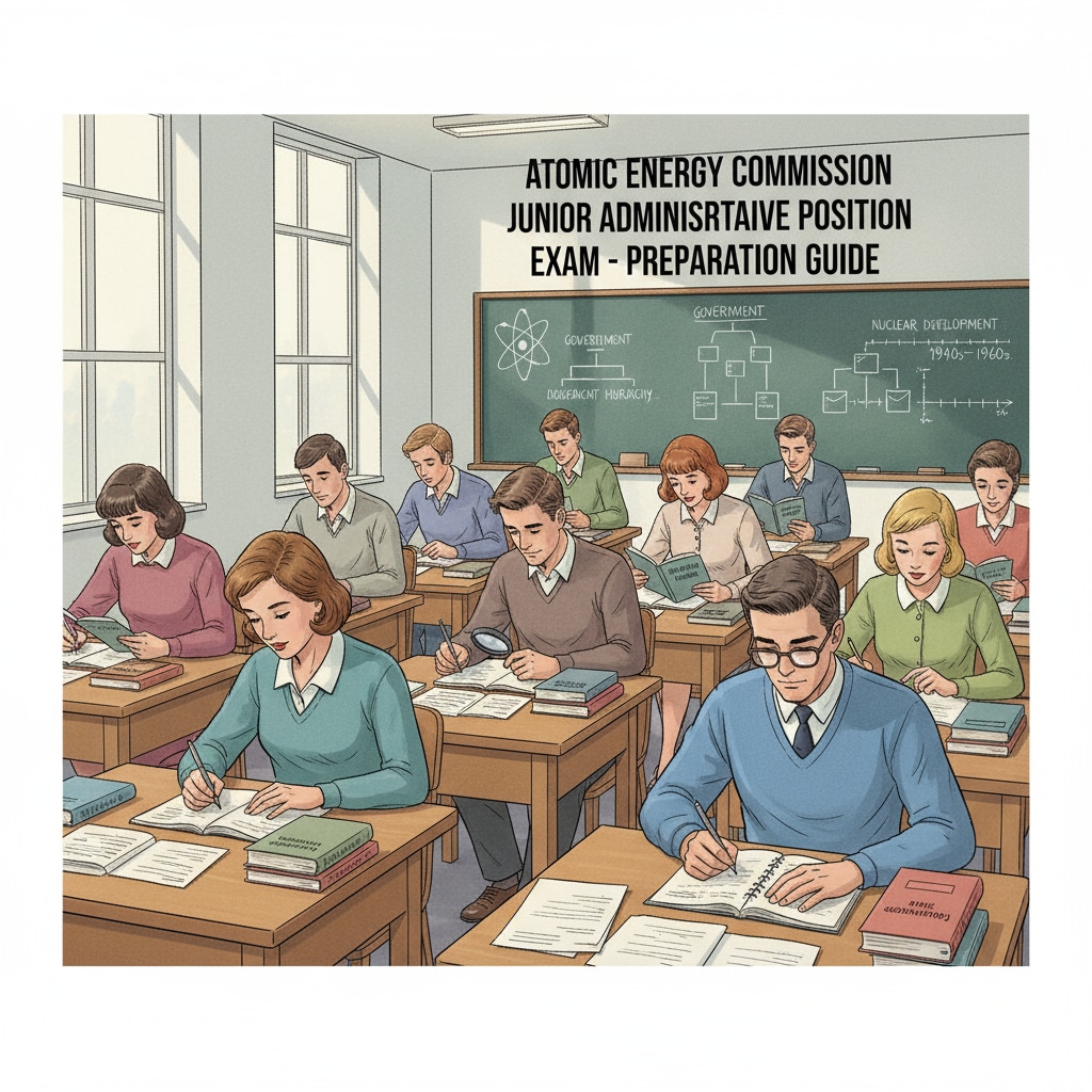 A group of students sitting at desks, studying books and papers related to the Atomic Energy Commission junior administrative position exam. Students preparing for Atomic Energy Commission junior administrative position exam