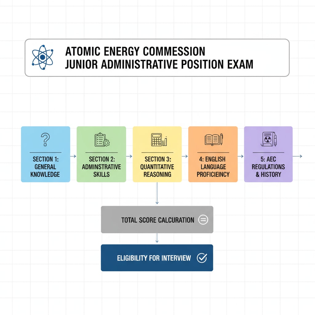 A diagram with different colored boxes labeled as sections of the Atomic Energy Commission junior administrative position exam, such as General Knowledge, Administrative Skills, etc. Diagram of Atomic Energy Commission junior administrative position exam sections