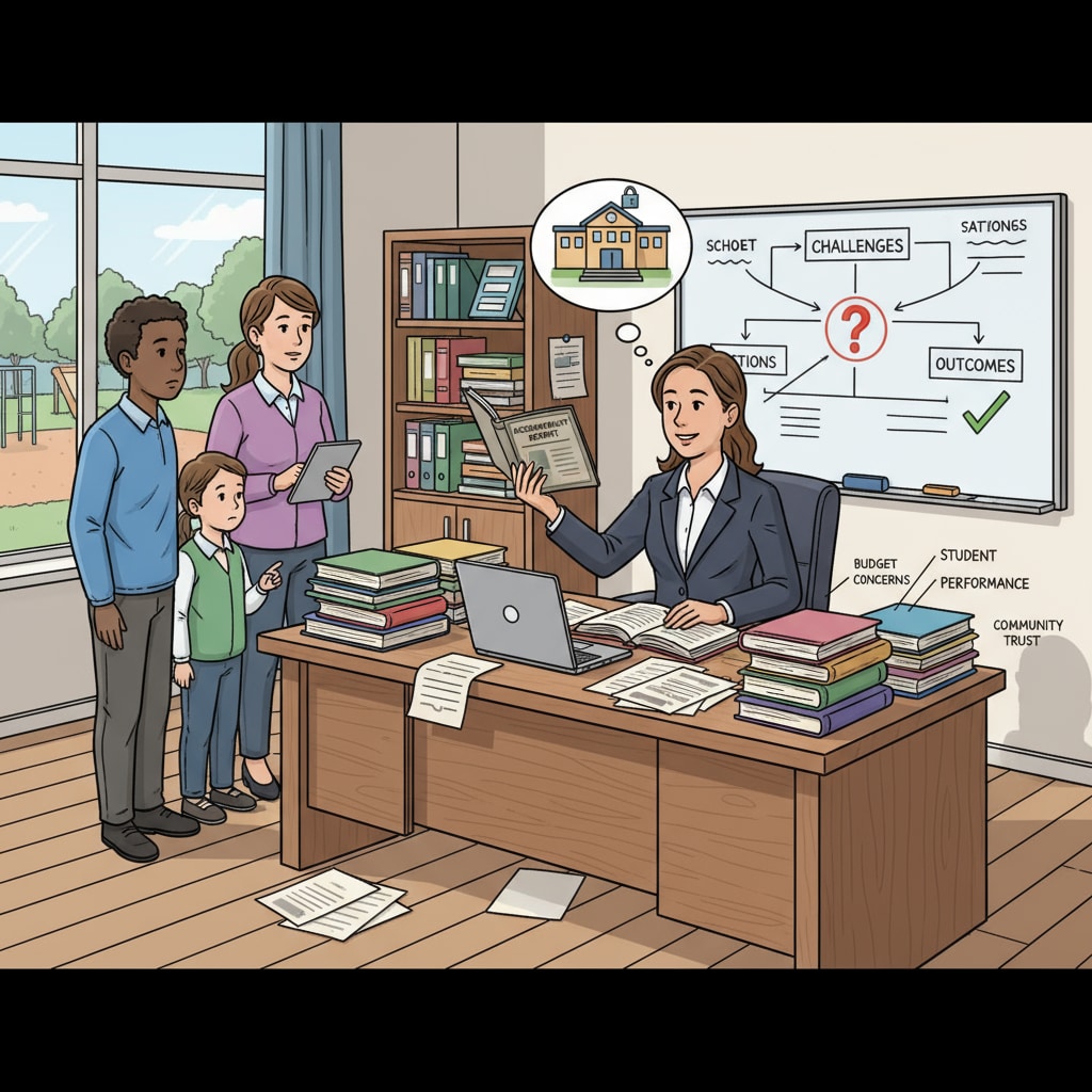 A principal in an office, signifying the role of school leadership in the face of accountability challenges. Principal in office dealing with educational policies, accountability, and leadership tasks