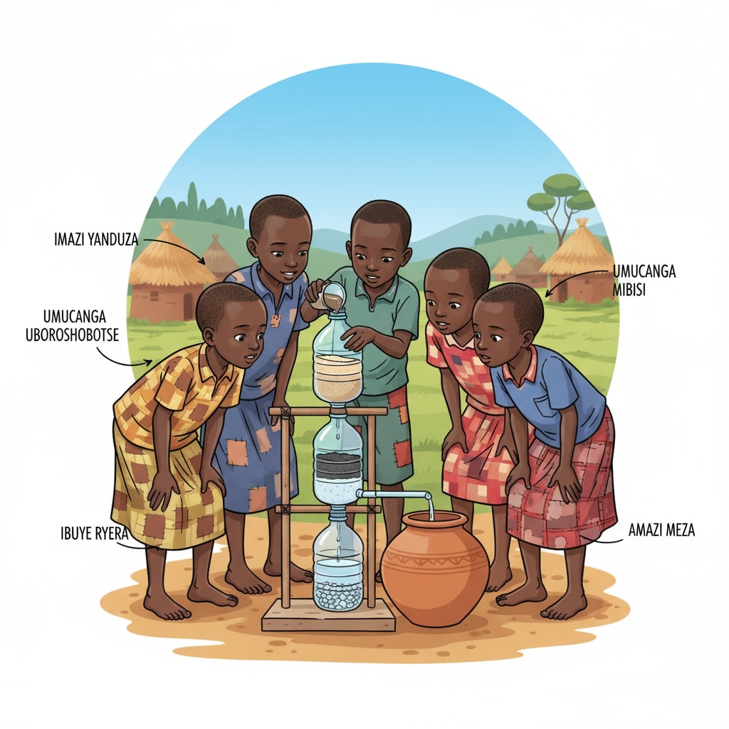 A group of Rwandan rural children are carefully observing a simple water filtration experiment set up with local materials. Rwandan rural children conducting a water filtration experiment with limited materials in a STEM project