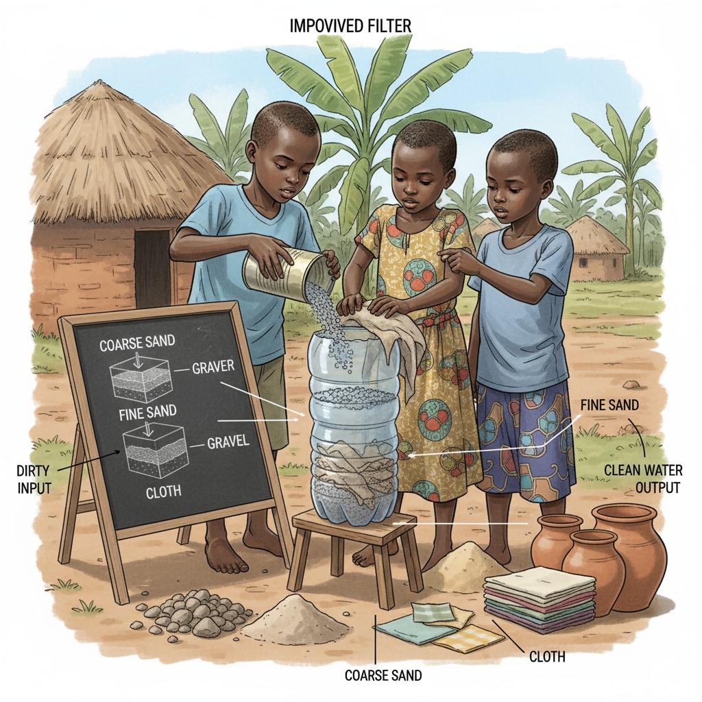 Rwandan rural children are engaged in building a water filter using sand, gravel, and old cloth, which are local and limited materials for a STEM activity related to water resources. Rwandan rural children building a water filter with limited materials as part of a water - related STEM project