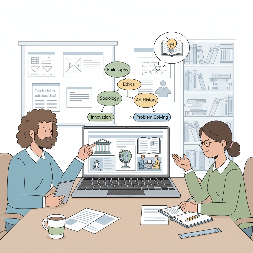 A group of engineers is engaged in a discussion. A laptop on the table shows educational resources related to liberal arts courses, indicating their exploration of liberal arts knowledge. Full-time engineers exploring liberal arts courses on an online platform as part of their continuing education