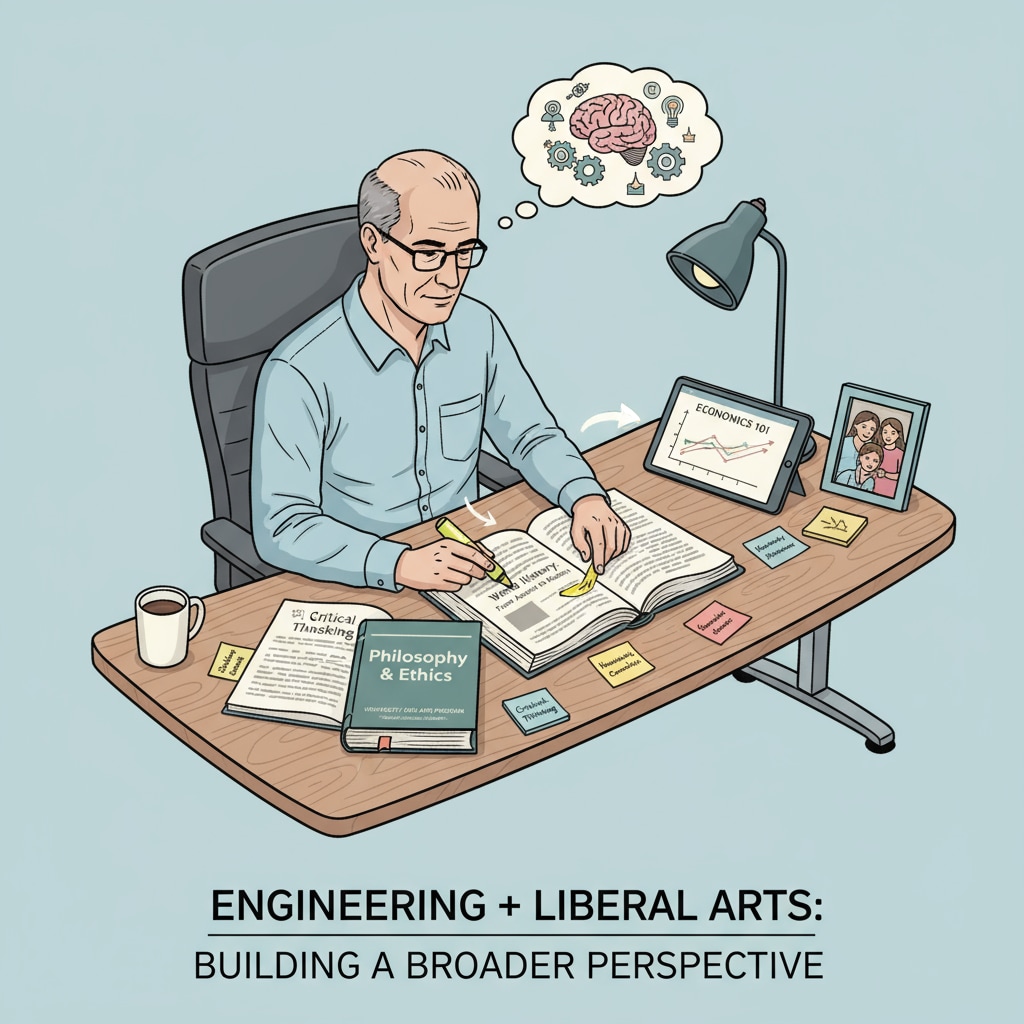 A full-time engineer is seated at a desk, deeply engrossed in studying materials from an open university liberal arts program, highlighting the pursuit of liberal arts knowledge through this route. A full-time engineer studying liberal arts materials from an open university as part of their continuing education