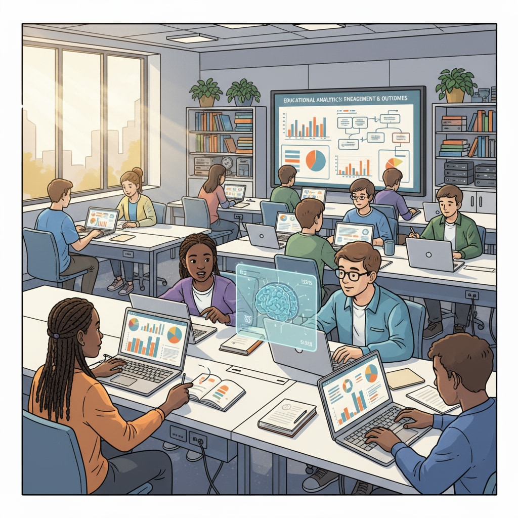 Students are engaged in analyzing educational data on their laptops within a modern and well-equipped classroom. Students analyzing educational data in a classroom for better teaching evaluation