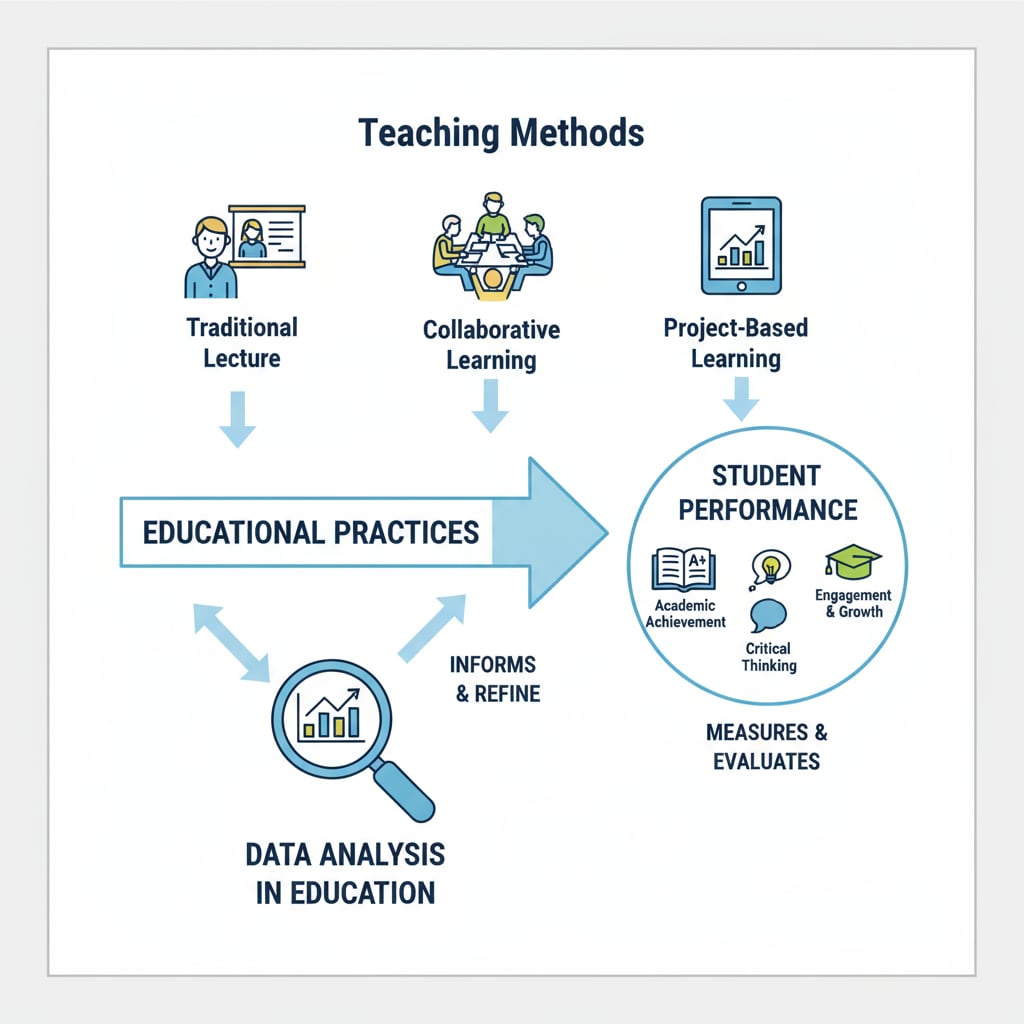A graph visually represents the connection between different teaching methods and the resulting student performance, highlighting the importance of data analysis in education. Graph showing the impact of teaching methods on student performance for educational data analysis