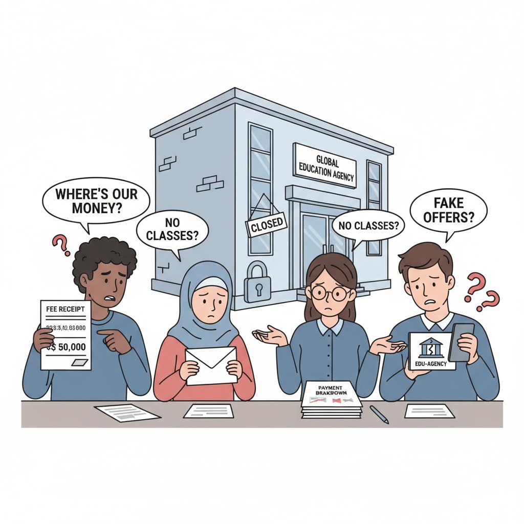 A group of students sitting together, looking concerned about the situation with their educational agency. Some are holding papers, perhaps related to the fees they paid or the admission letters they didn't receive. Students worried about educational agency fraud, university admissions, and fee fraud