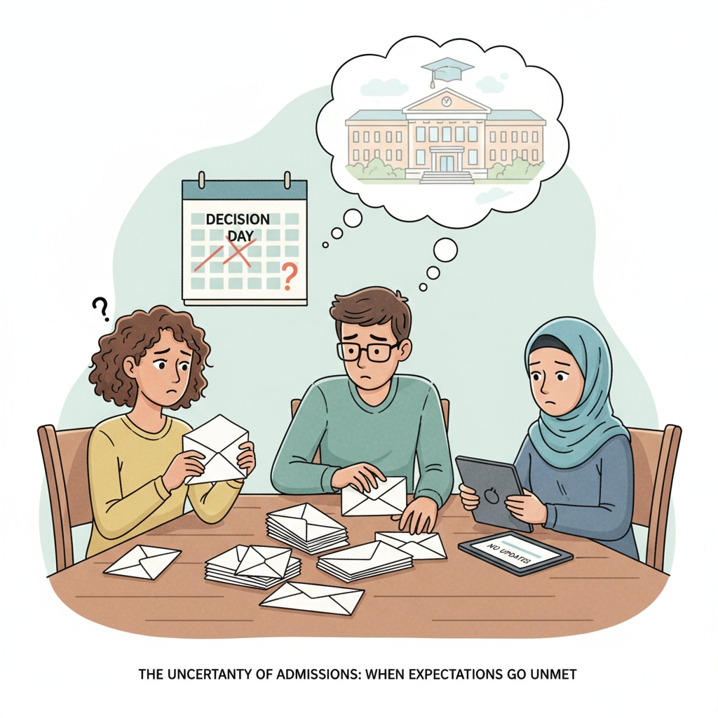 A visual representation of students waiting eagerly for university admissions that never come. There are empty envelopes on the table, symbolizing the lack of admission letters. Students waiting for non-existent university admissions amidst educational agency fraud and fee fraud