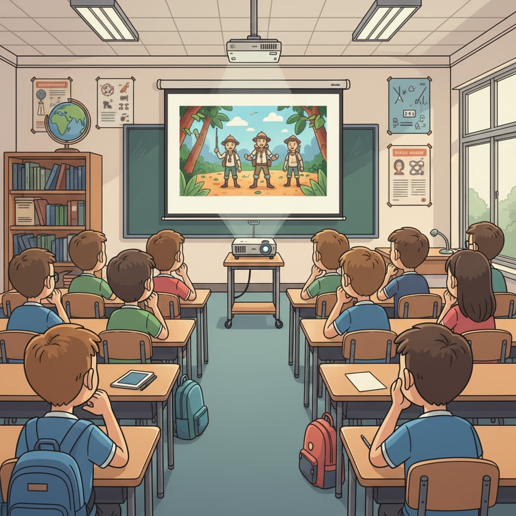 A group of teenagers are sitting in a classroom, watching a movie on a projector screen. Their faces show interest and concentration as they observe the events unfolding on the screen. Teenagers watching a movie in a classroom for consent education