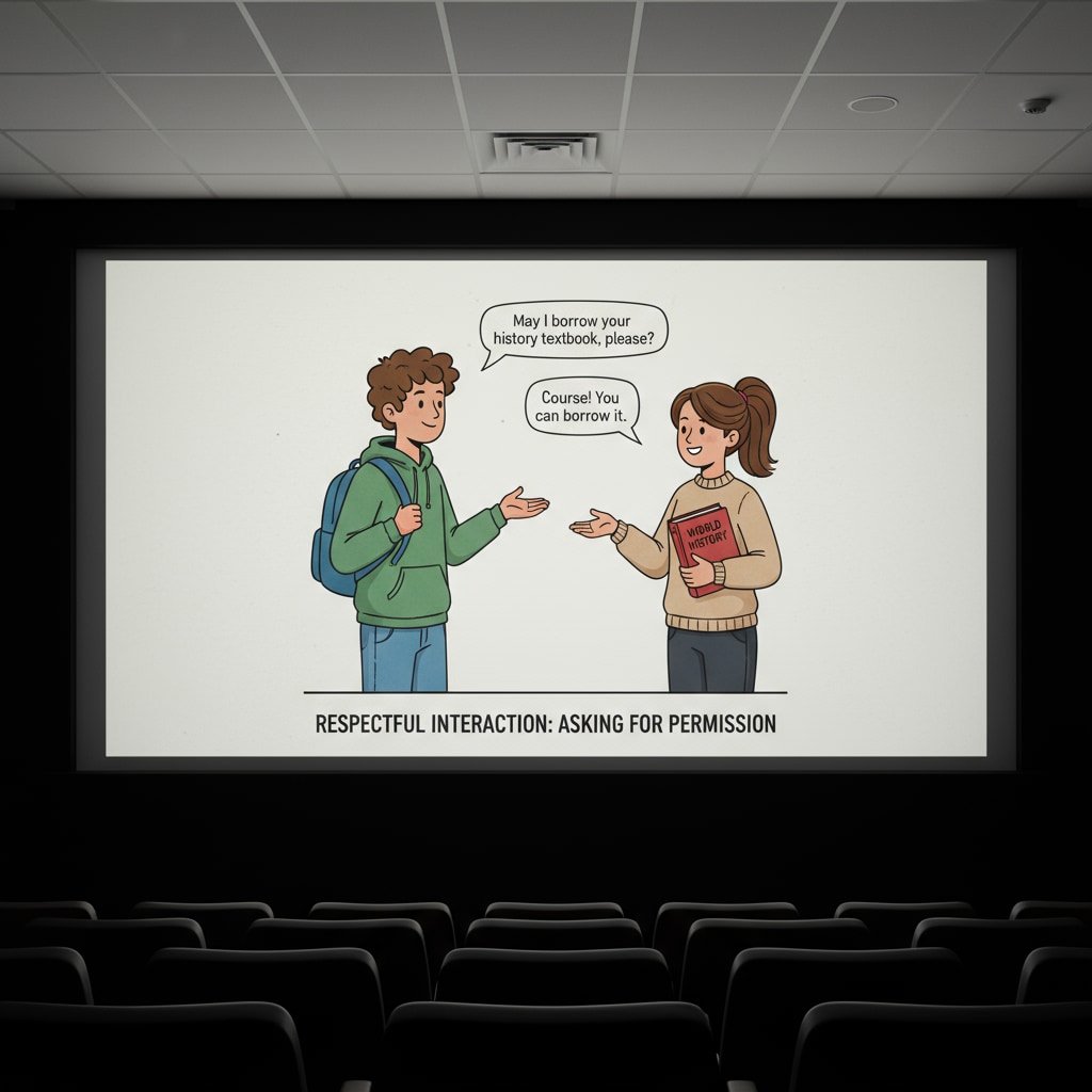 The movie screen shows two teenage characters having a conversation. One character asks the other for permission before borrowing their book, and the other character gives a positive response, showing a respectful interaction. Movie scene depicting a positive interaction with consent
