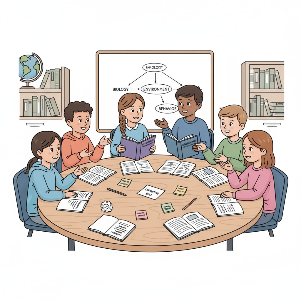A group of K12 students are gathered around a table, engaged in a lively discussion about various concepts in psychology and criminology. Some are holding books related to the two subjects, and there are notes and papers scattered on the table. K12 students discussing psychology and criminology concepts