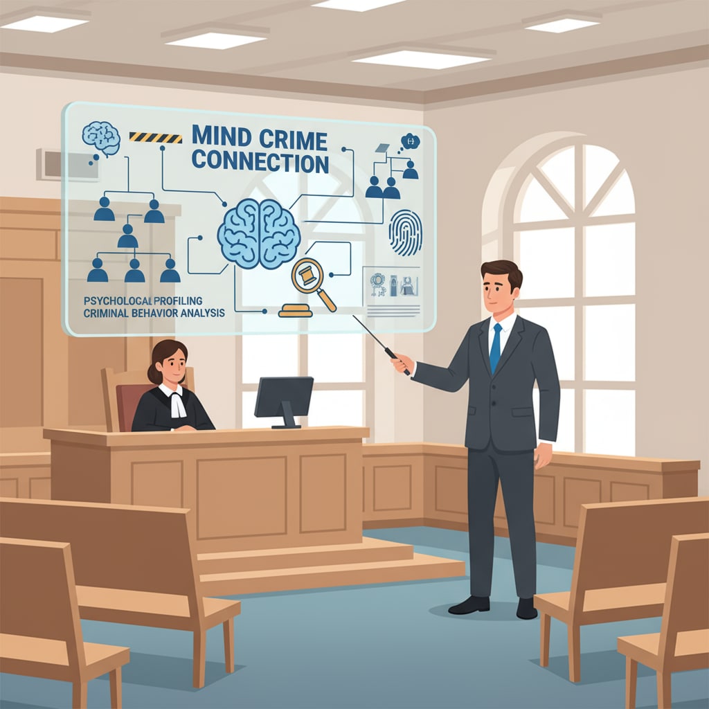 In a courtroom setting, a lawyer is standing in front of the judge, presenting a case. The lawyer is using visual aids that incorporate elements of psychology and criminology to make a more compelling argument. A courtroom scene with a lawyer using knowledge of psychology and criminology