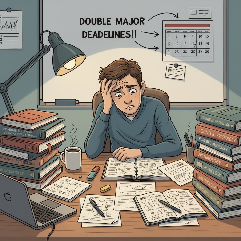 A student is sitting at a desk, surrounded by textbooks, notebooks, and study materials related to psychology and criminology. The student has a stressed expression on their face, indicating the pressure of handling the double degree workload. A student looking stressed while studying psychology and criminology materials