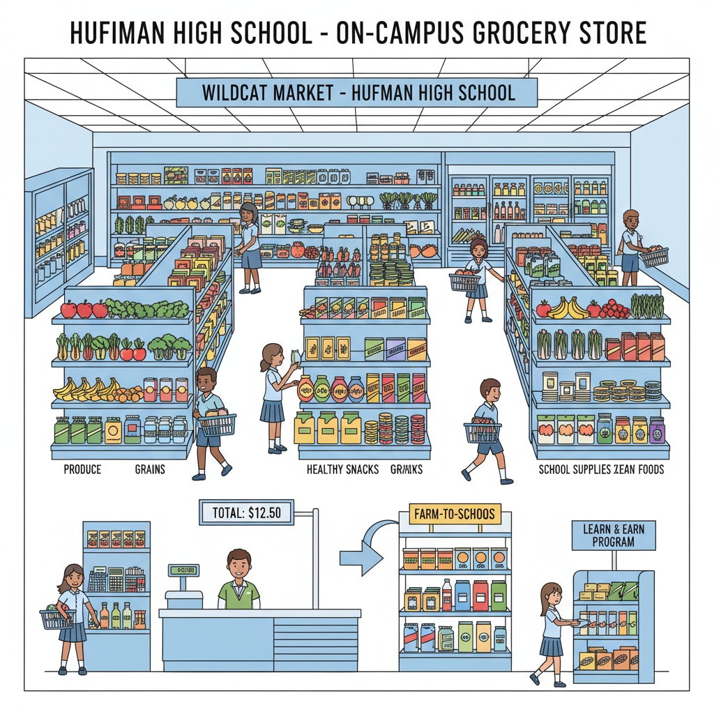 A view of the on-campus grocery store at Huffman High School in Birmingham, filled with various products On-campus grocery store at Huffman High School in Birmingham