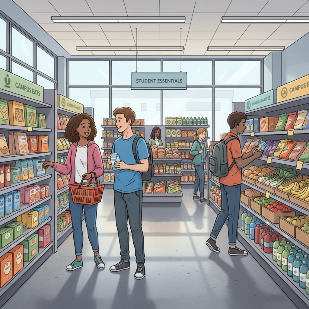 Students browsing the shelves of the on-campus grocery store, selecting items Students shopping at the on-campus grocery store at Huffman High School in Birmingham