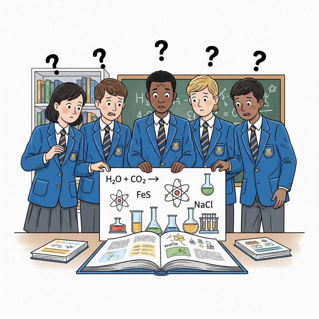 A group of students from different ethnic backgrounds looking puzzled at science symbols written in English. Students from diverse backgrounds confused by English science symbols due to language barriers.