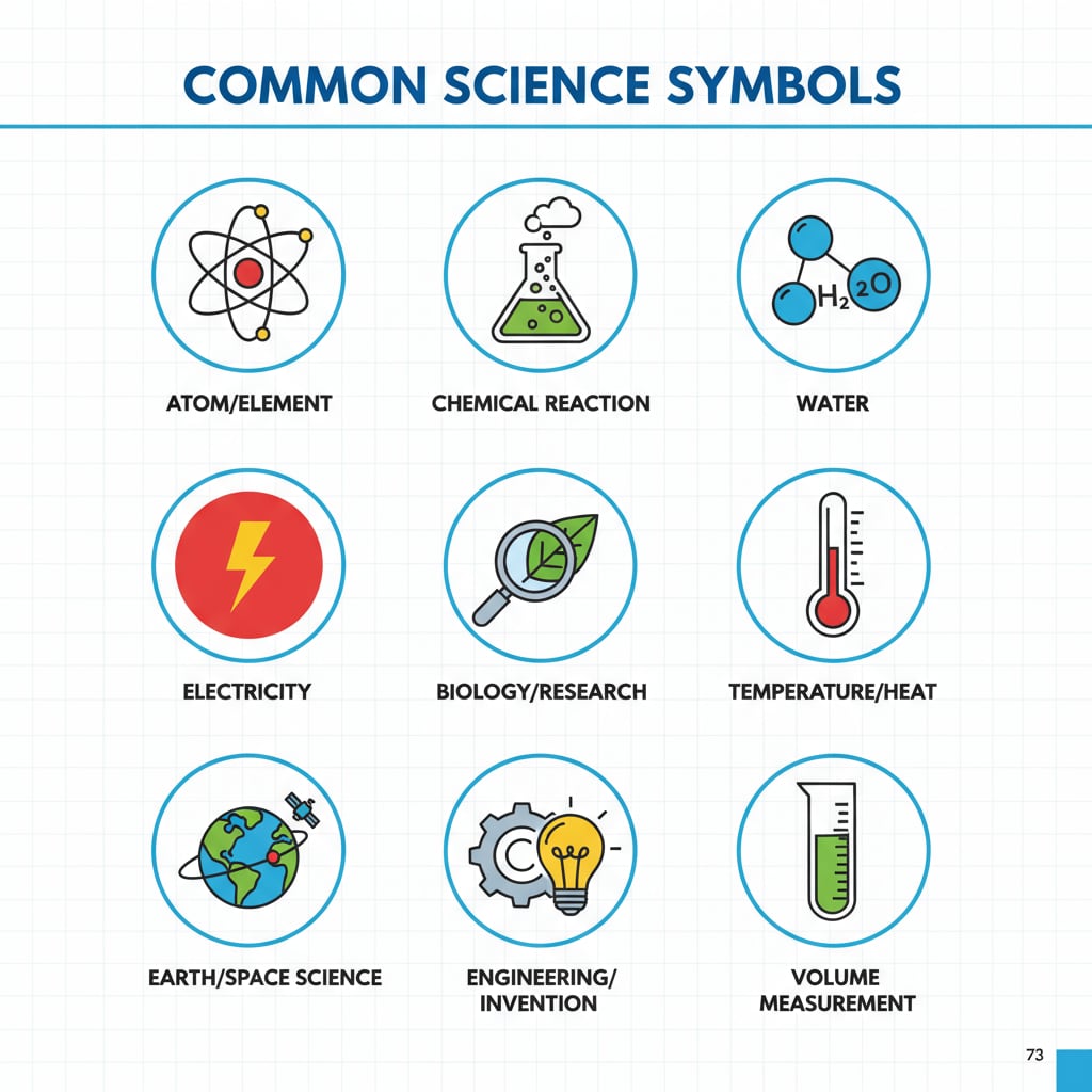 A page from a science textbook showing various science symbols in English. Science textbook page with English science symbols highlighting language dominance and potential barriers.