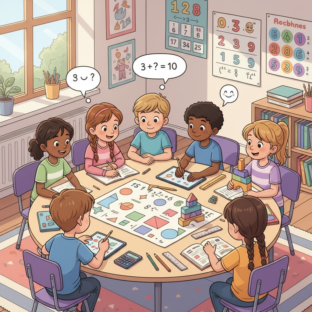 In a classroom, girls and boys are actively participating in a math activity, working together to solve problems. Classroom scene of girls and boys in a math activity, showcasing STEM education, gender differences, and teaching practices