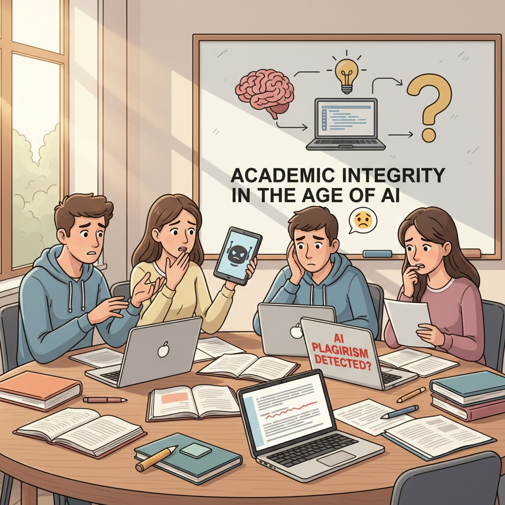 Students are having a discussion in a classroom about their academic papers. They look worried as they talk about the potential AI accusations they might face. Students discussing academic papers and AI accusations in a classroom