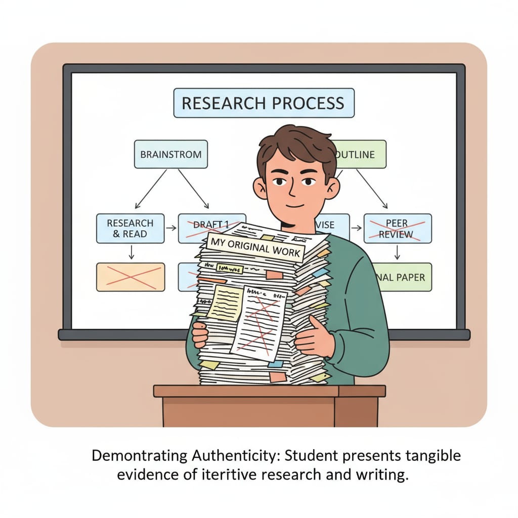 A student is showing a stack of research notes and early drafts of a paper to prove that it was created through their own efforts and not by AI. Student showing research notes and drafts to prove paper originality against AI accusations