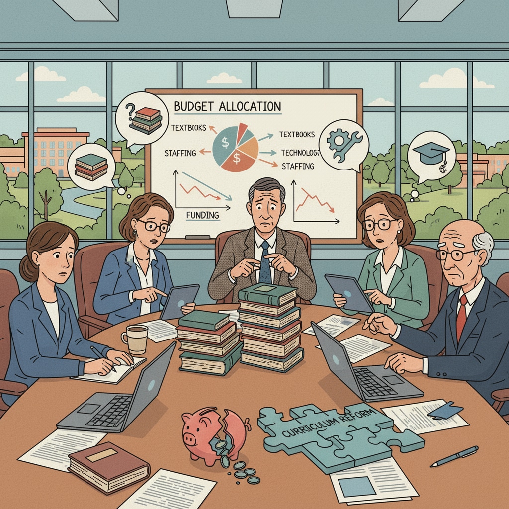 A group of school administrators engaged in a serious discussion in a meeting room, representing the challenges of educational management. School administrators discussing ethical dilemmas and leadership decisions in educational management.