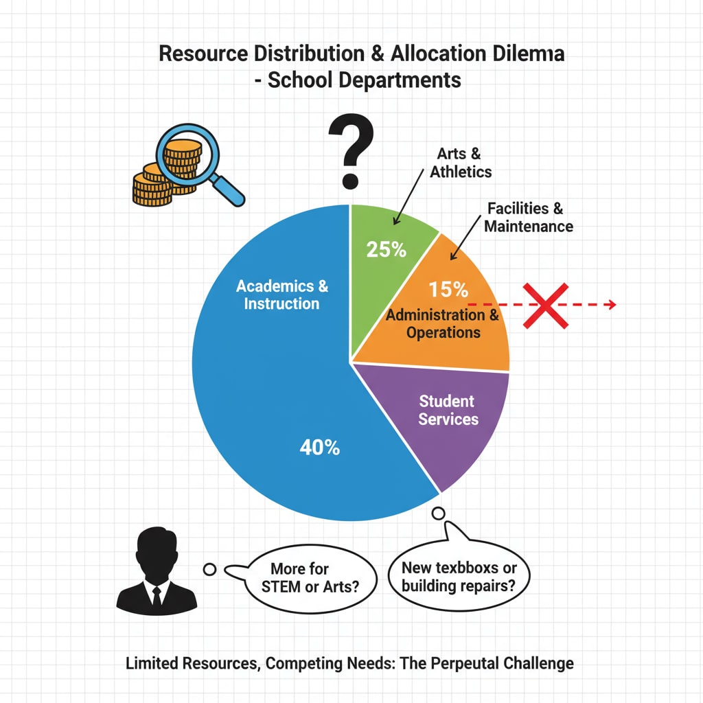 A graph presenting the distribution of resources among various departments in a school, highlighting the resource allocation dilemma in educational management. Graph showing resource allocation in educational management related to ethical dilemmas and leadership decisions.