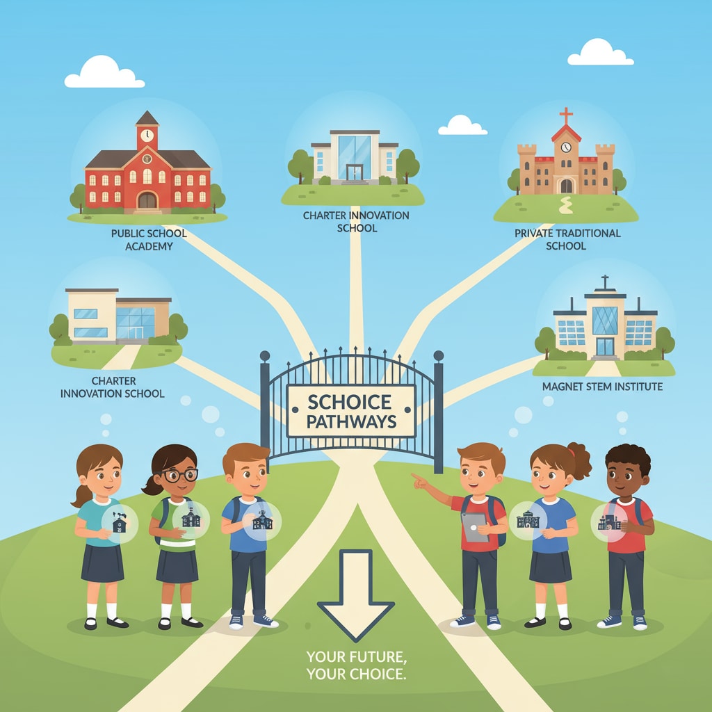 A visual representation of students having the option to choose different schools, symbolizing the concept of school choice. School choice options for students in the context of political controversy and education policy