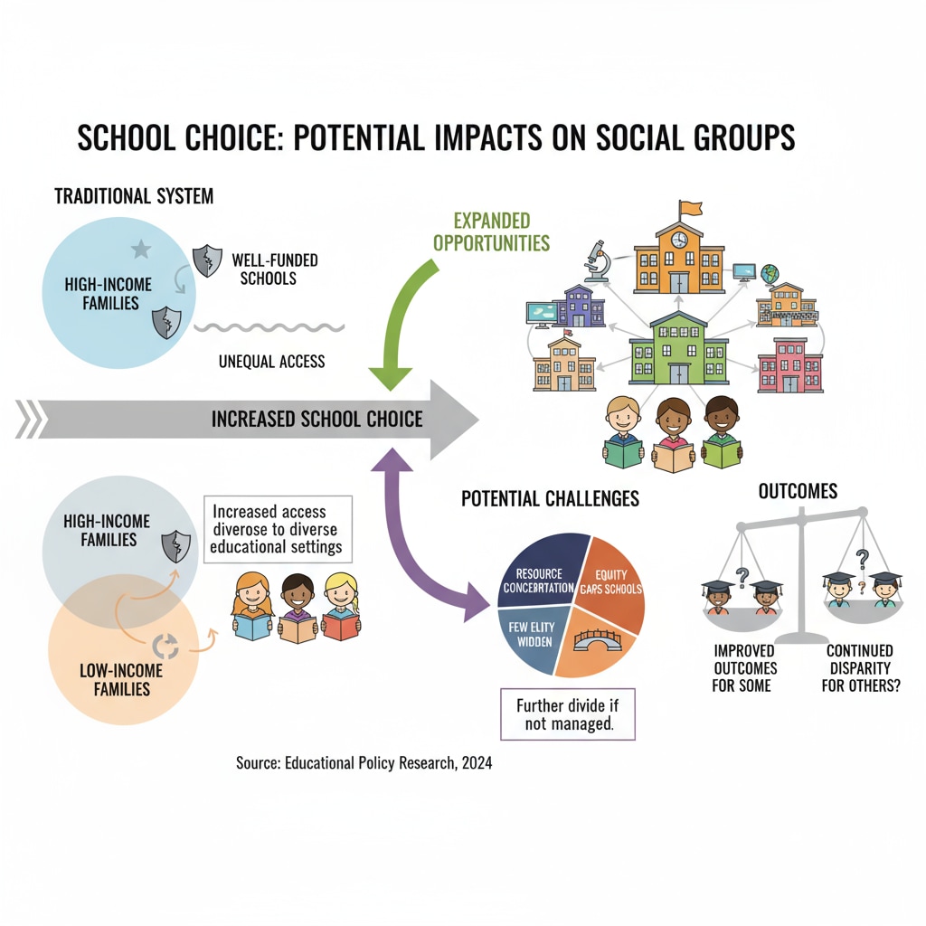 A graphical illustration showing how school choice can potentially affect different social groups in terms of educational opportunities. The impact of school choice on various social groups in relation to political and educational aspects