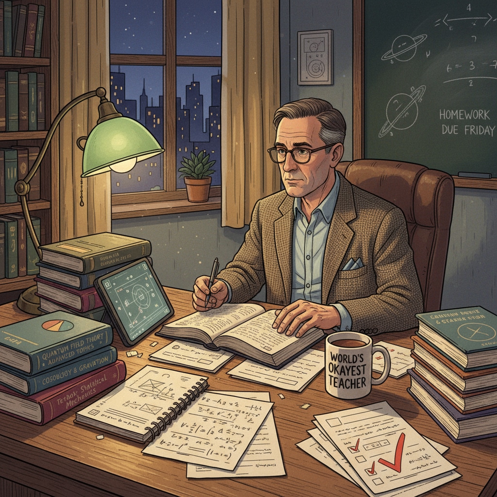 A physics teacher sitting at a desk, studying postgraduate course materials during evening hours, with books and notes scattered around, representing the pursuit of postgraduate education while teaching Physics teacher studying postgraduate materials during night school hours