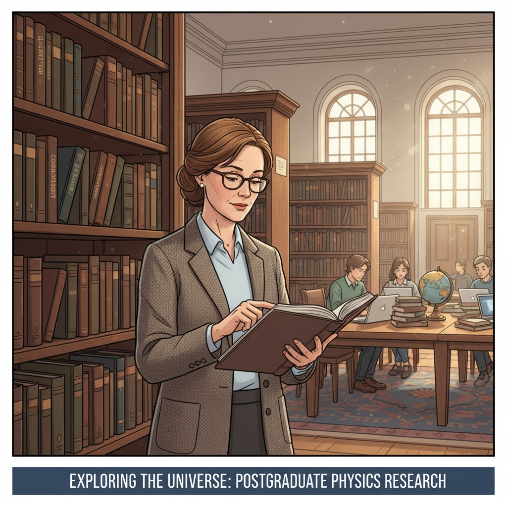 A picture of a physics teacher browsing through books in a university library, surrounded by shelves filled with physics and cosmology books, indicating the utilization of library resources for postgraduate study Physics teacher using university library resources for postgraduate education