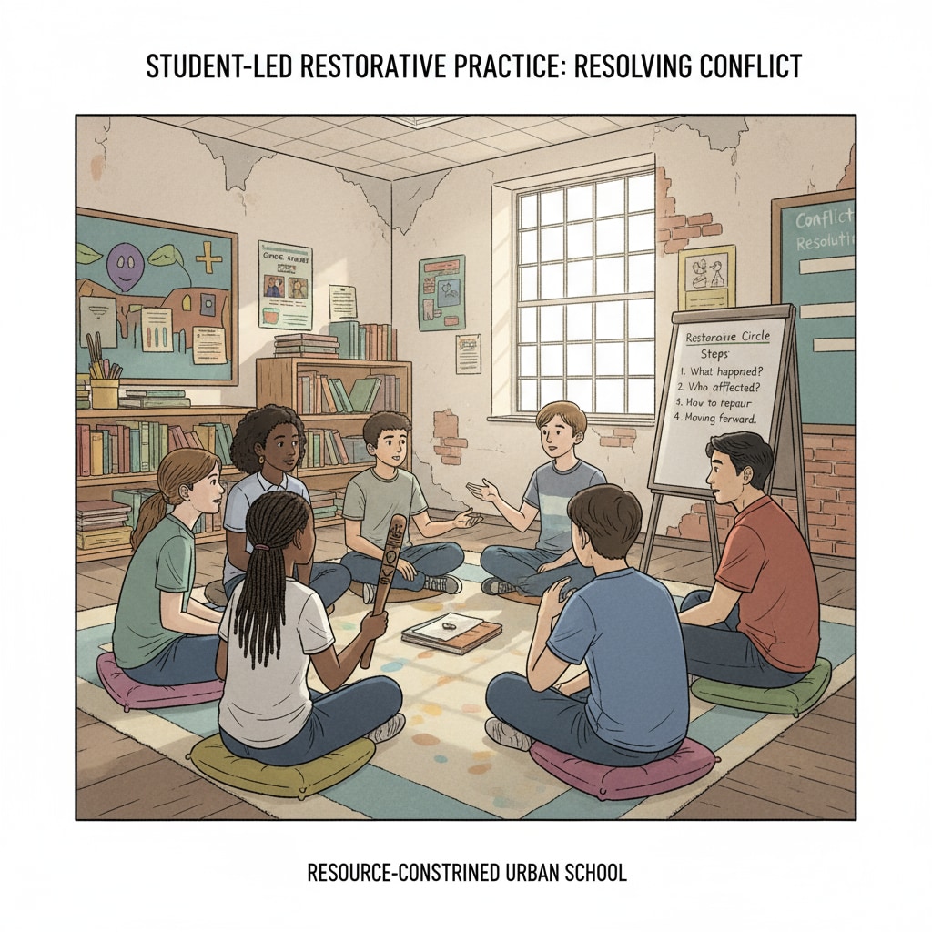 A group of students and teachers sitting in a circle, having an open discussion about resolving a conflict. This represents the student-led restorative practice in a resource-constrained urban school. Student-led restorative practice in an urban school with limited educational resources and focused school management