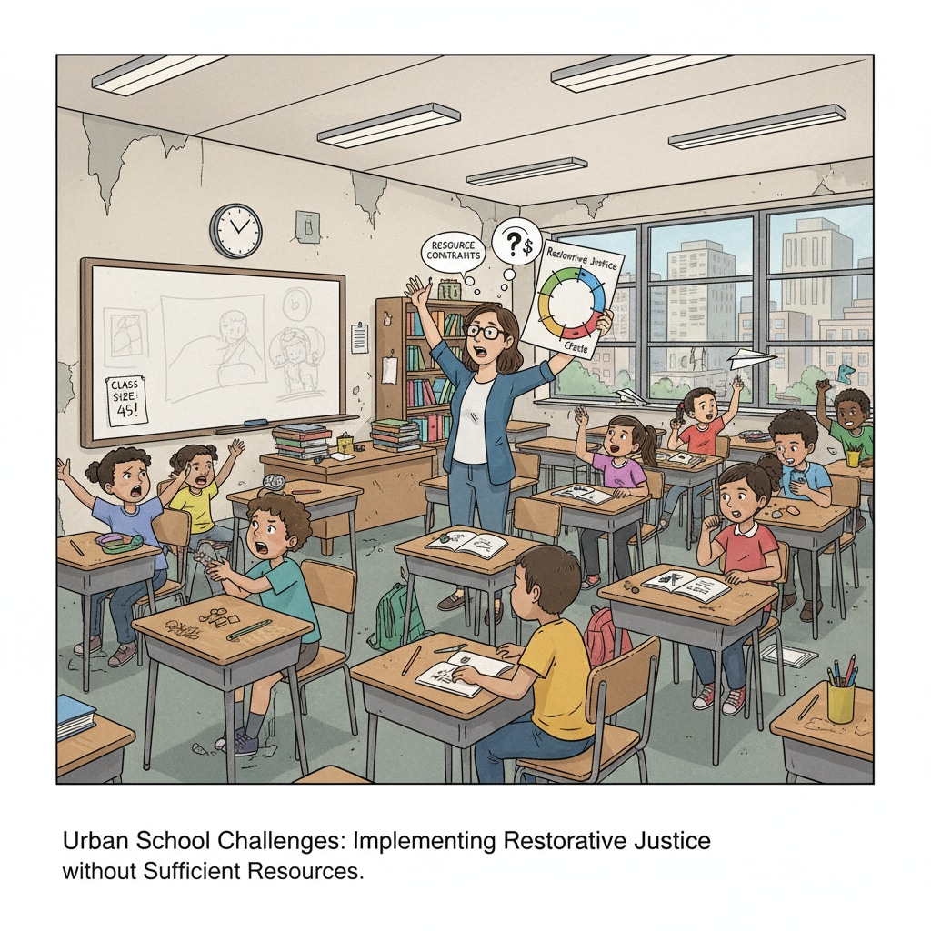 A teacher looking a bit overwhelmed while trying to manage a large class of students in an urban school setting, highlighting the challenges faced in implementing restorative justice due to resource constraints. Challenges in implementing restorative justice in urban schools with limited educational resources and complex school management