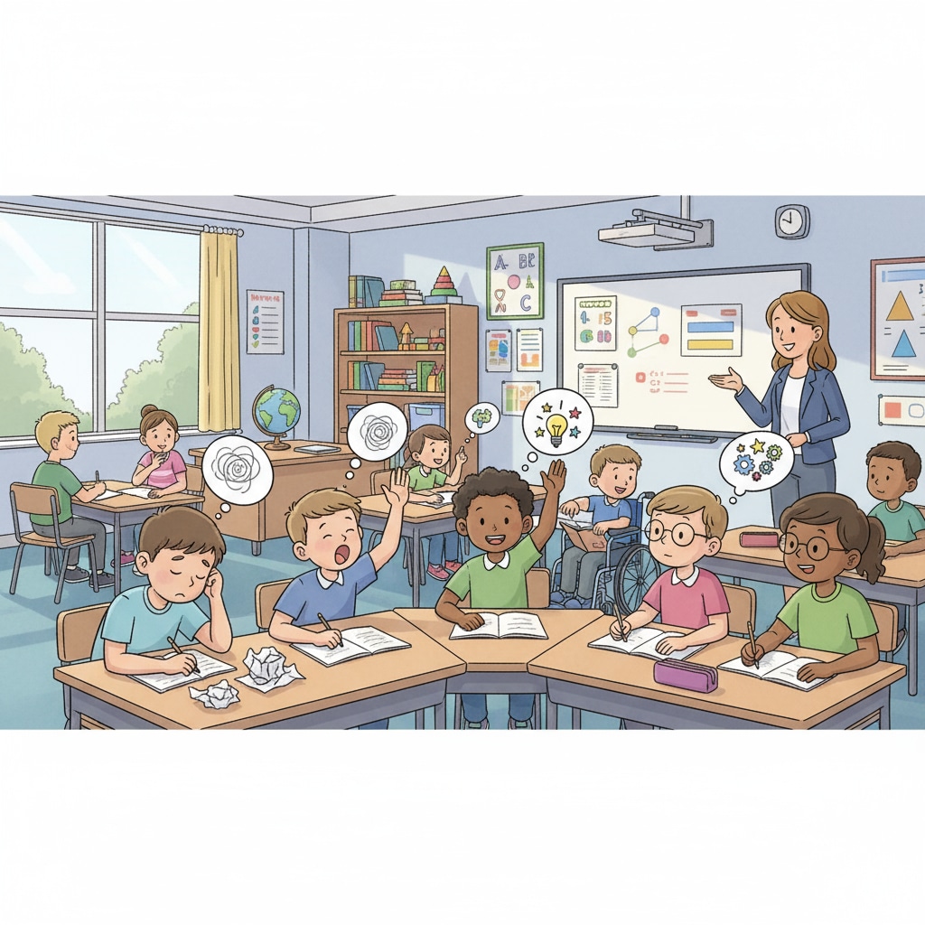 A classroom scene showing students of various learning abilities sitting together. Some students seem bored while others are actively participating. This represents the imbalance in class structures and its impact on student engagement. Classroom scene depicting the impact of imbalanced class structures on student engagement in the educational system