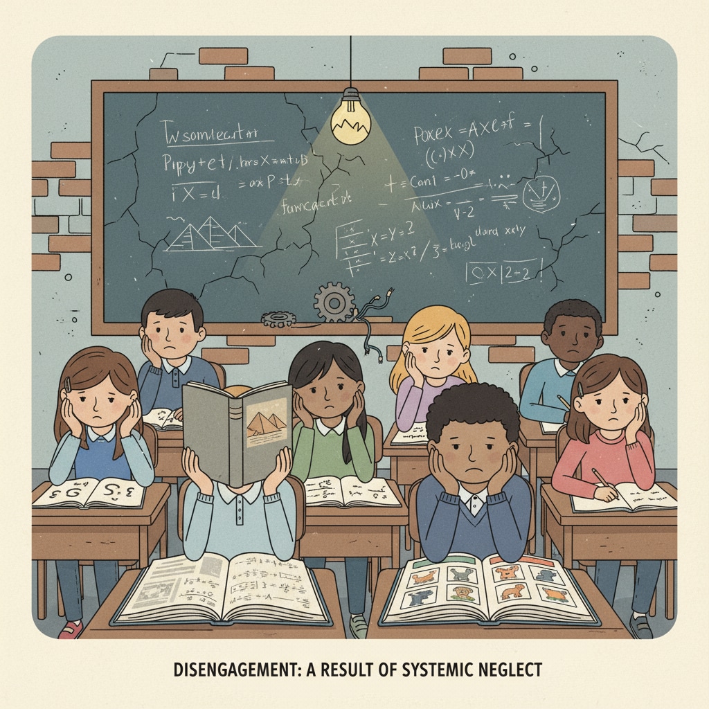 A group of students with unenthusiastic expressions during a class. This visualizes how students may become disengaged due to the neglect in the educational system's class placement. Students showing disengagement in a classroom setting related to educational system class placement
