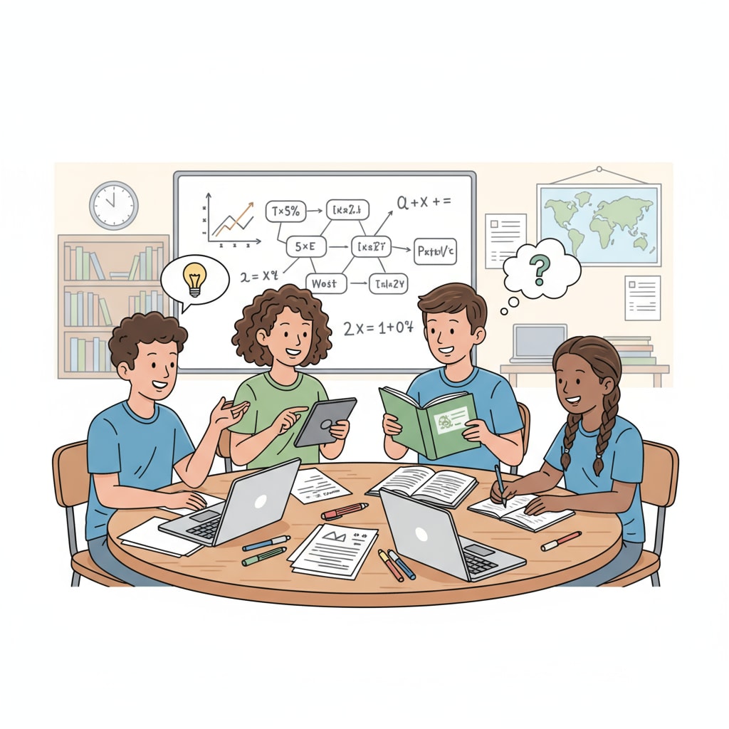 A group of high school students are sitting around a table, collaborating on a study project. They are sharing thoughts and ideas, working together to solve problems. High school students collaborating in a study group to enhance learning and academic skills