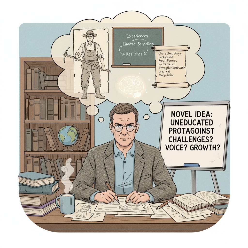 A person sitting at a desk, thinking about how to write a character with limited education in a novel. This image shows the creative process of a writer trying to bring a character to life. A writer thinking about how to write a character with limited education in a novel, related to novel writing, writing style, and educational background.