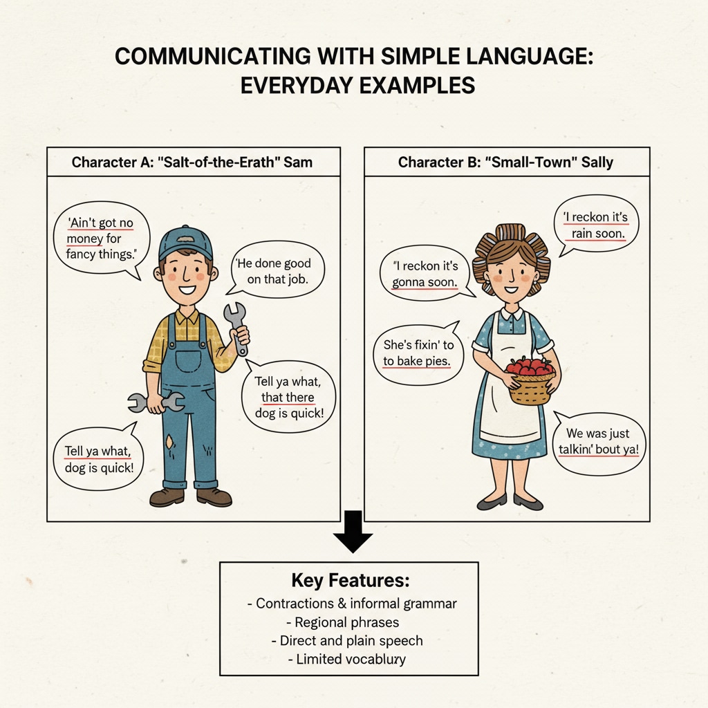A page with examples of simple and colloquial language used by characters, highlighting the language aspect of characters with limited education. Page with examples of simple and colloquial language for characters in novel writing, related to writing style and educational background.