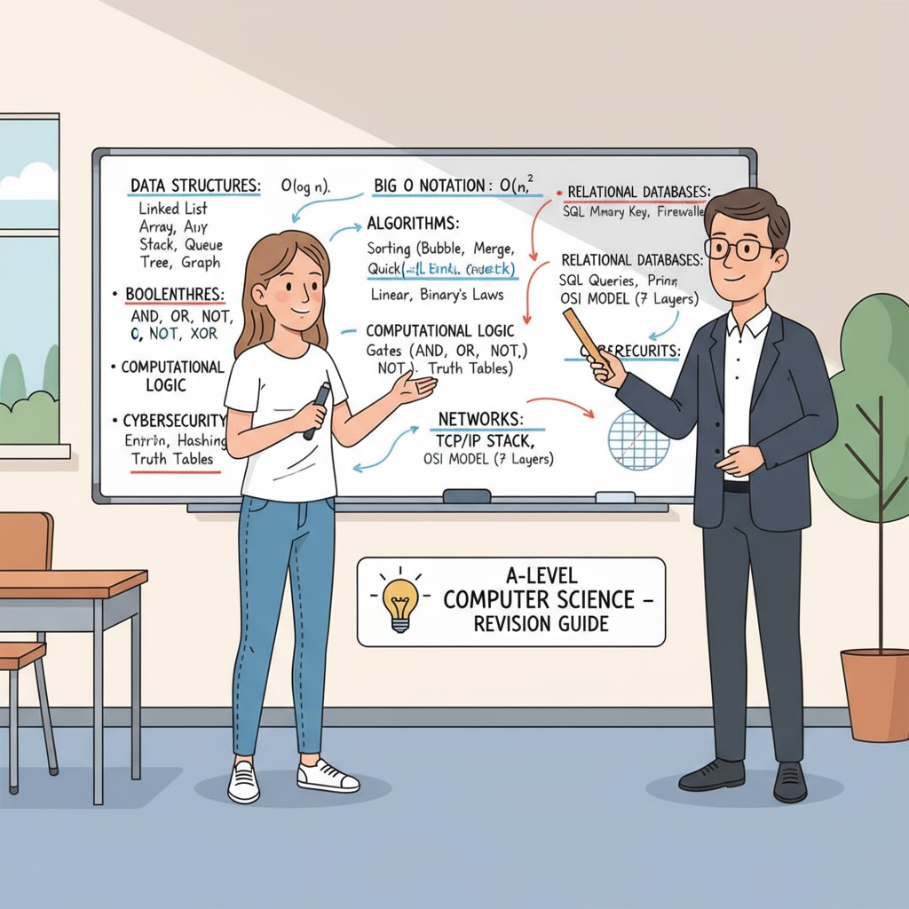 A student standing in front of a whiteboard with A-level computer science formulas and concepts scribbled on it A student facing the challenges of returning to A-level for computer science studies