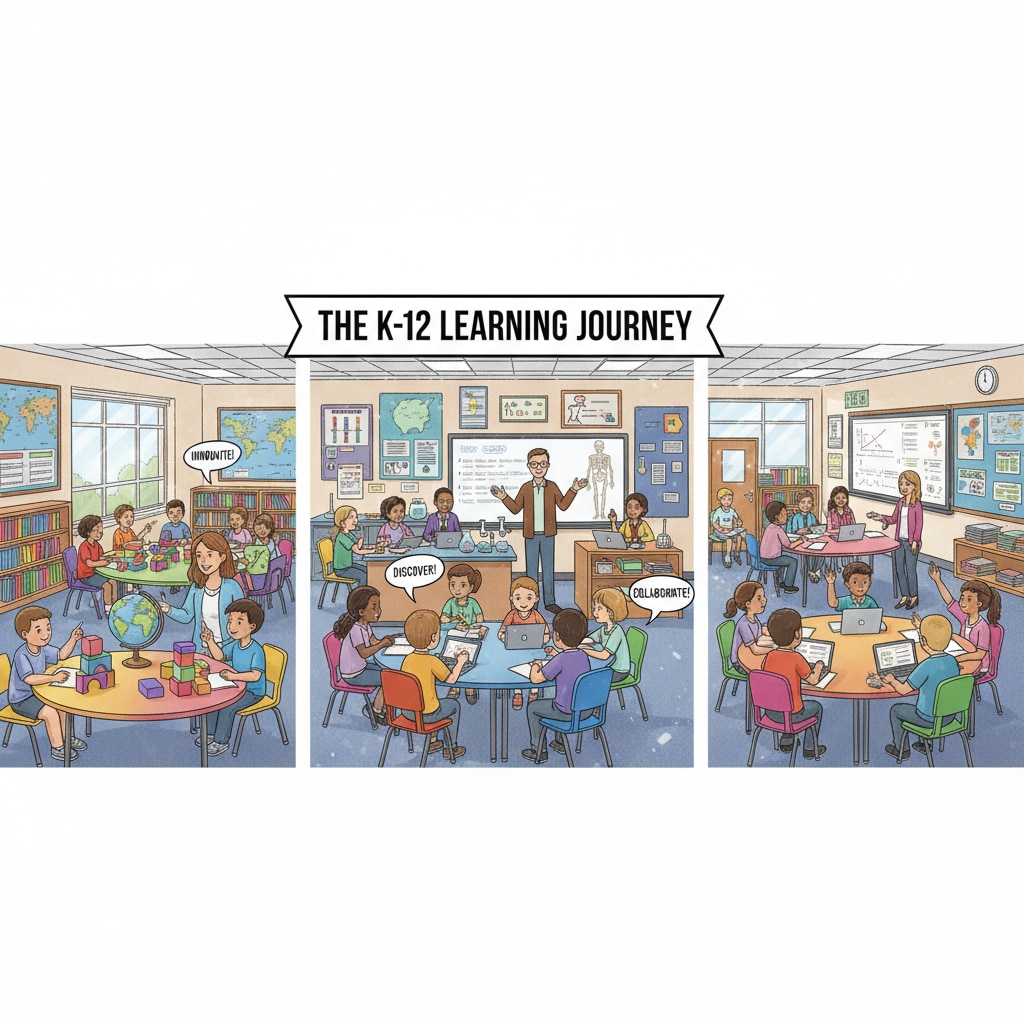 A classroom scene with students engaged in learning activities, symbolizing the K-12 education environment. Students in a classroom during the Trump administration's education reform efforts