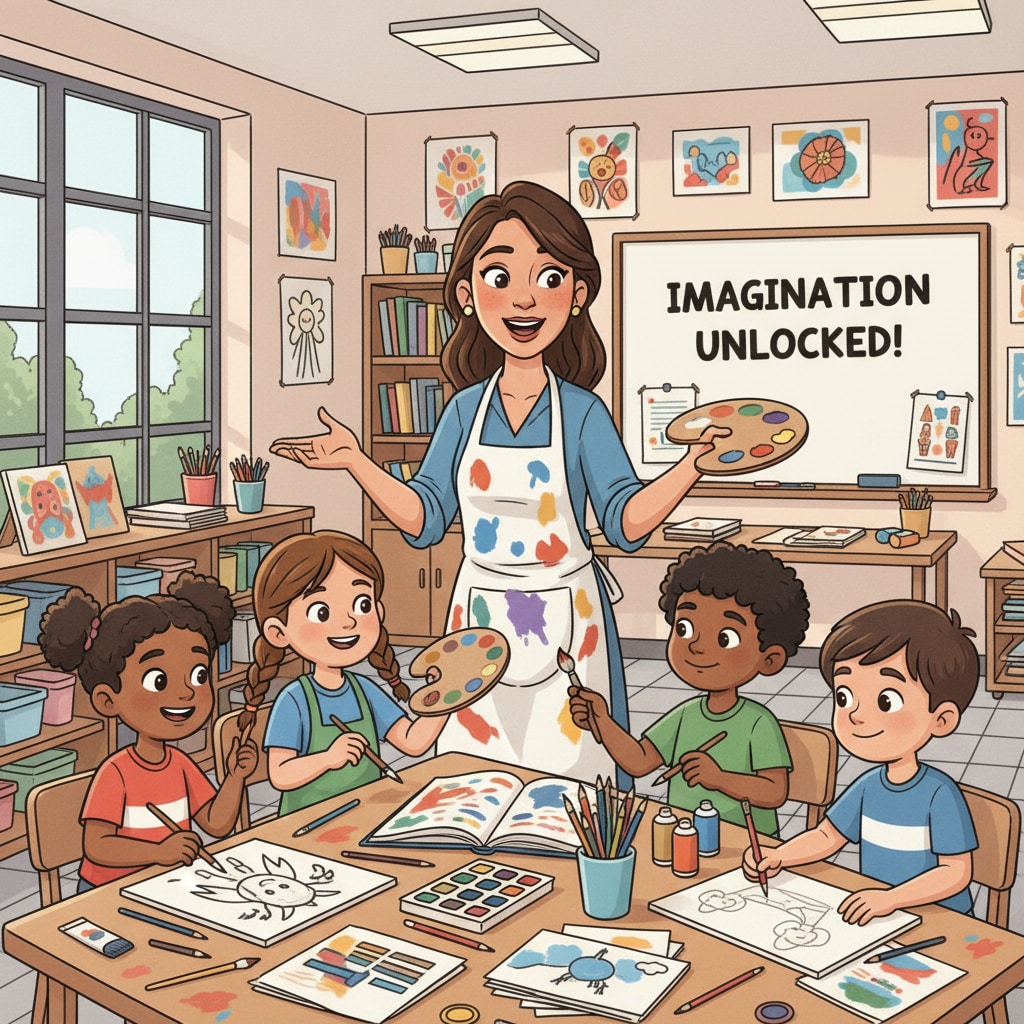 A K12 art teacher is seen guiding students in a creative activity, with students actively engaged in painting and drawing. A K12 art teacher engaged in a creative activity with students, related to teacher career transitions, career choices, and ABA therapy