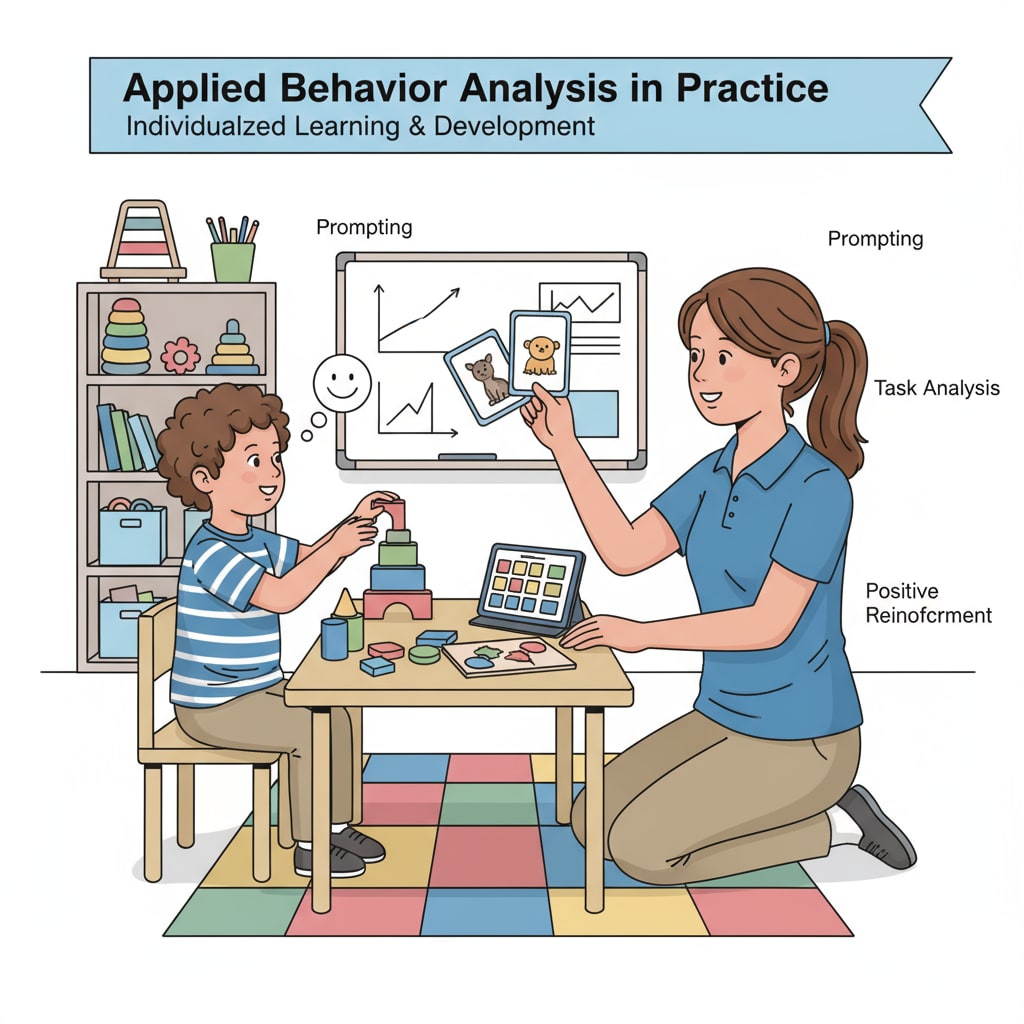 An ABA therapist is working one-on-one with a child, using various techniques to help the child learn and develop. An ABA therapist working with a child, relevant to teacher career transitions, career choices, and ABA therapy
